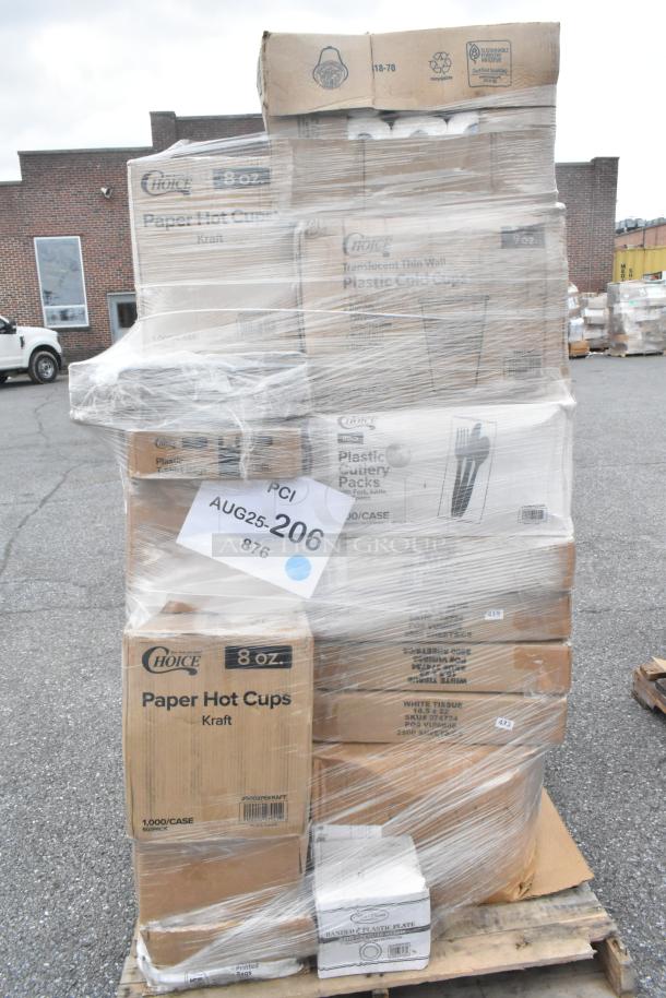 Pallet with 35 assorted scratch and dent items in boxes, including Choice paper hot cups, plastic cutlery packs, paper towels.
