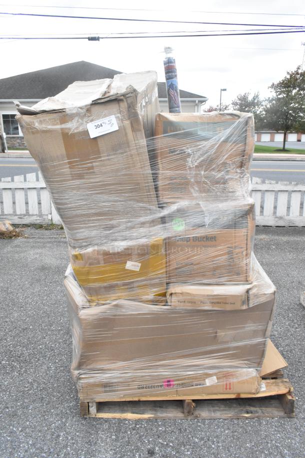 Pallet with 20 new scratch and dent items, including mop buckets and metal bins, wrapped in plastic. Visible tag: "304."