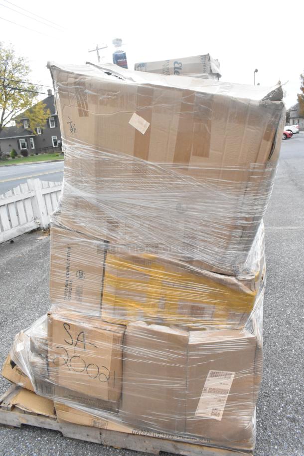Stack of shrink-wrapped boxes labeled SA-20021 containing 20 new scratch-and-dent items including mop buckets and bins.