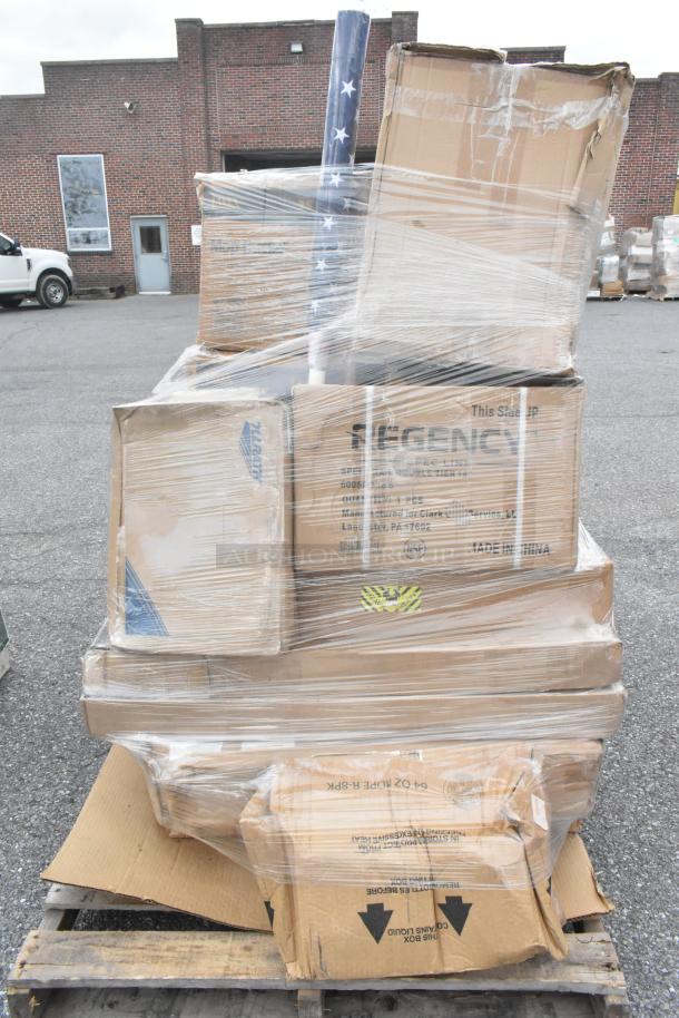 Pallet of 20 brand new scratch and dent items including mop buckets and metal drop-in bins, wrapped in plastic. Boxes show "Regency" and "Made in China."
