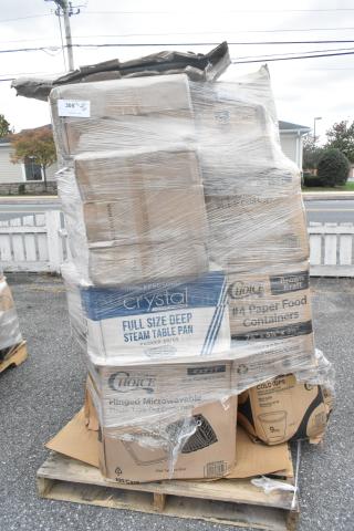 Pallet of 26 brand new "scratch and dent" items, including cold cups, soup spoons, and containers, wrapped in plastic.