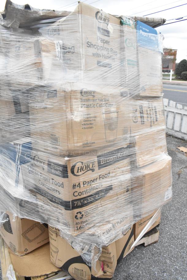 Stack of sealed boxes labeled "Choice" containing assorted new scratch and dent items like cold cups and containers.