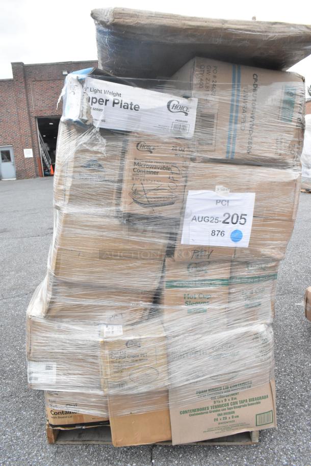Pallet of 26 scratch and dent items, including Choice paper plates, disposable containers, and hot cup sleeves, shrink-wrapped.