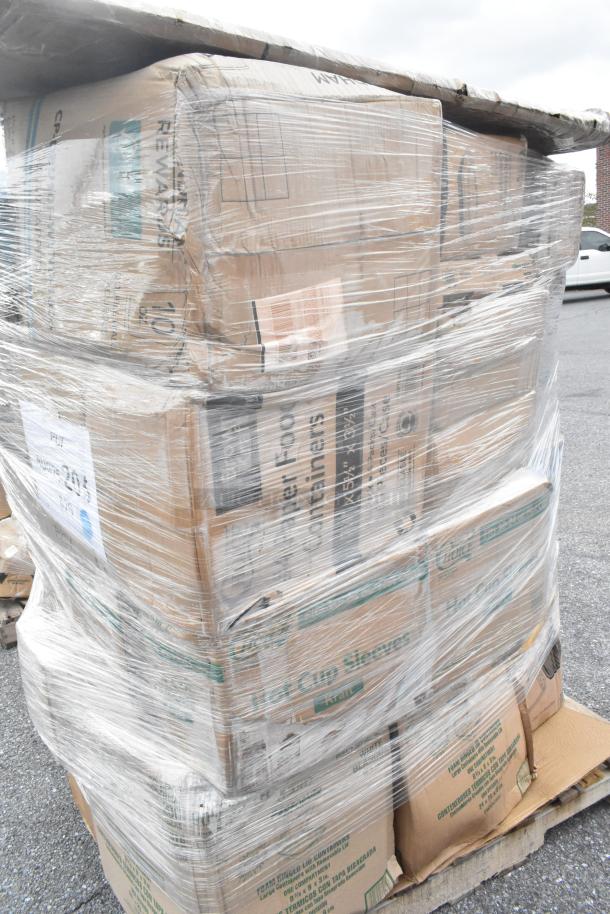 Palette of 26 brand new scratch and dent items, including cold cups and containers, wrapped in plastic, visible labels.