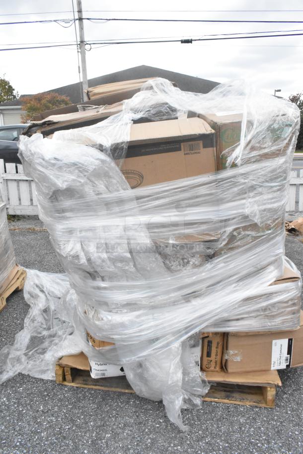 Pallet with 20 new scratch and dent items including Choice cups and deli containers, wrapped in plastic.