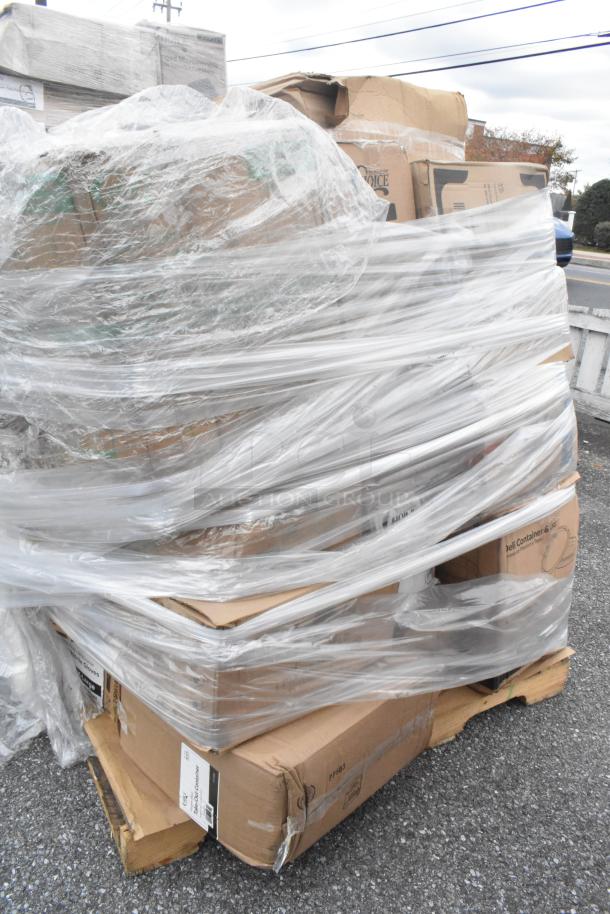 Pallet of 20 brand new scratch and dent items, including Choice cups and deli containers, wrapped in clear plastic.