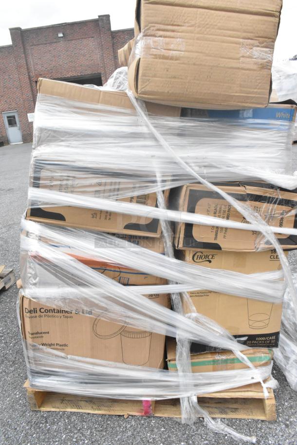 Pallet of 20 brand new scratch and dent items, including Choice cups and deli containers, wrapped in plastic, ready for auction.