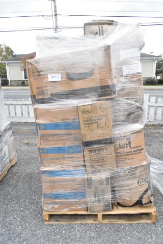 Pallet of 27 new scratch and dent items, including microwavable containers, food trays, napkins, and forks. Plastic-wrapped.