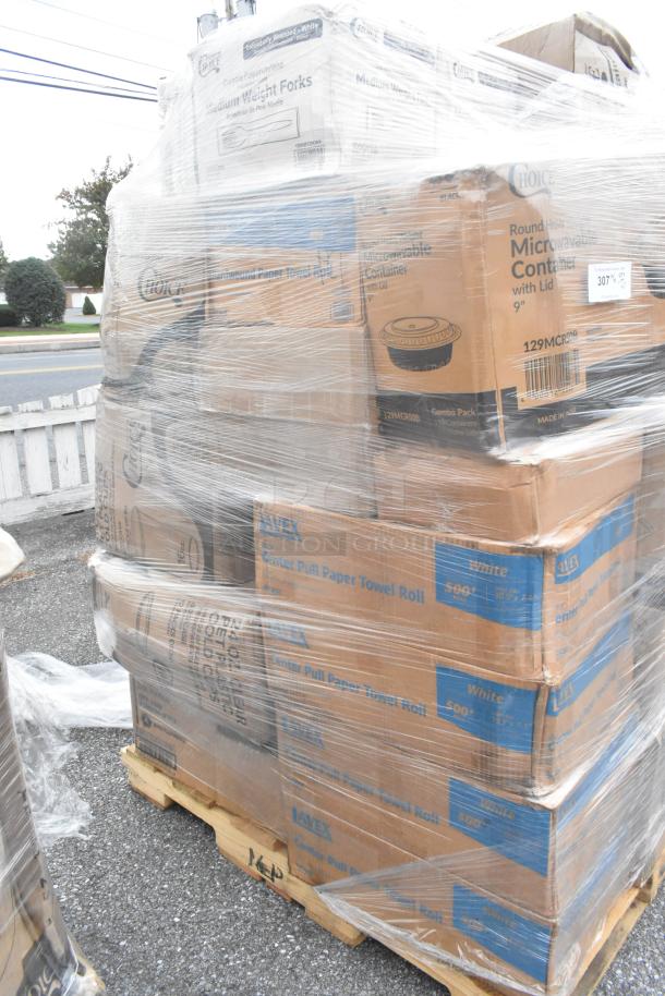 Pallet of 27 new scratch and dent items, including microwavable containers, paper towels, napkins, and forks, wrapped in plastic.