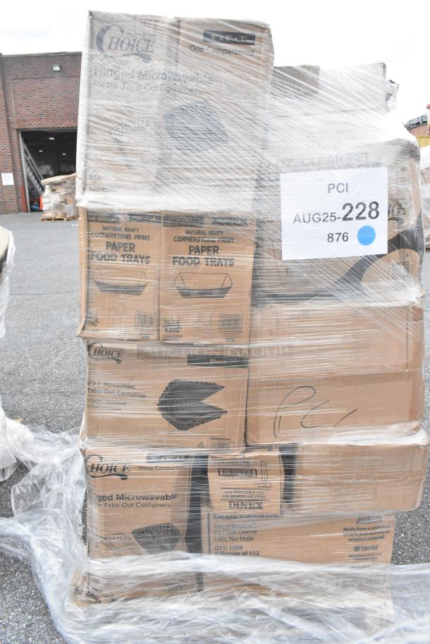 Pallet of boxed items, including paper food trays, take-out containers, napkins, labeled for auction.