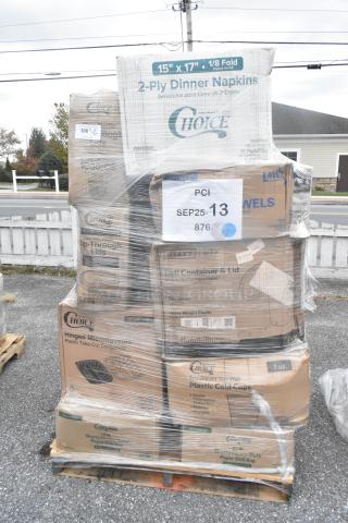 Pallet with 24 scratch and dent items including containers, cups, and plates, mostly brand "Choice", wrapped in plastic.