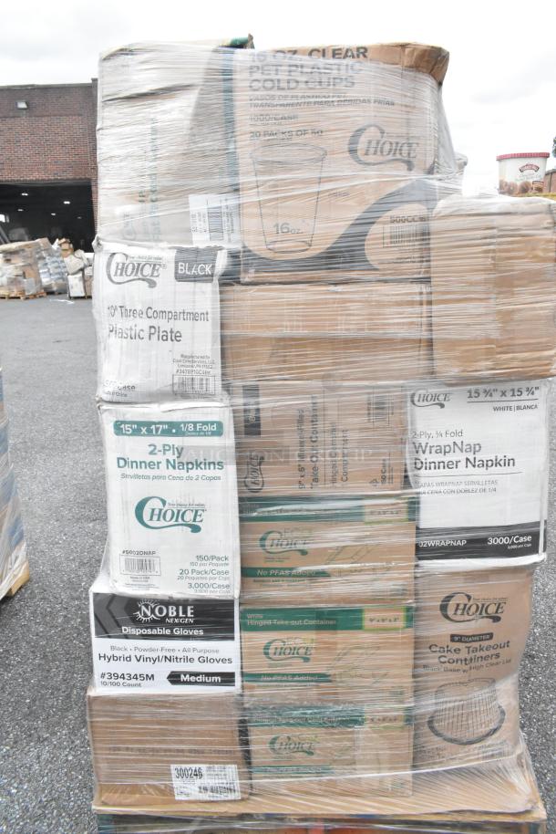 Pallet of mixed brand new items including plastic plates, napkins, cold cups, and take-out containers, wrapped in plastic.