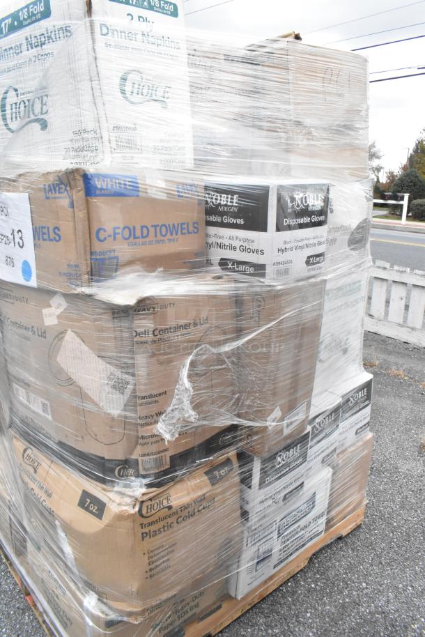 Pallet of mixed items including Choice cold cups, napkins, and Noble gloves in original packaging. Scratch and dent condition.