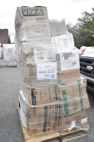 Pallet of 33 scratch and dent items, including boxes of plastic tumblers, check tickets, and plates. Plastic-wrapped, labeled "AUG25-226".