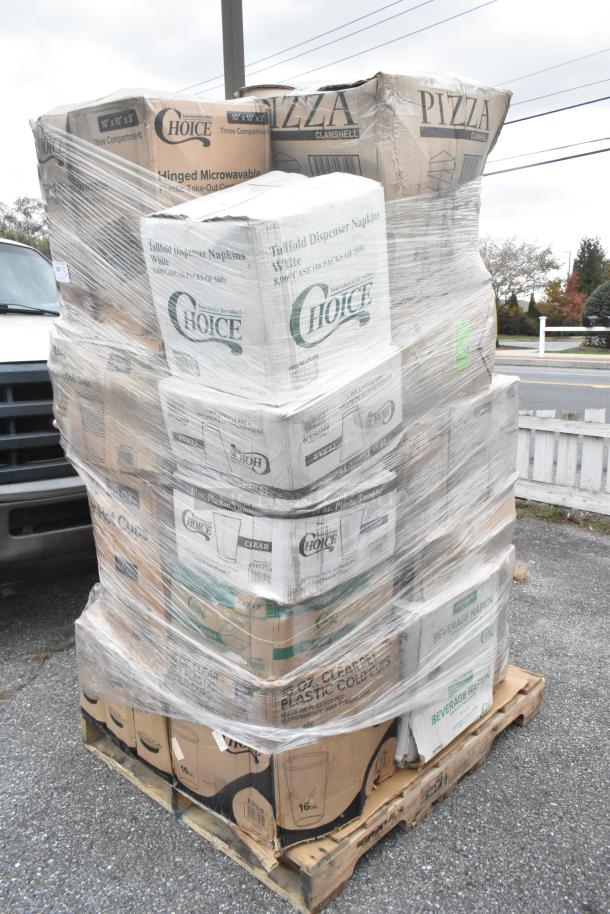 Pallet with 33 new scratch and dent items including Choice brand plastic tumblers, check tickets, plates, containers.