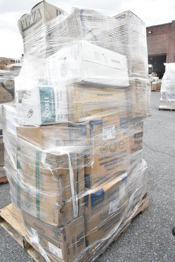 Pallet of 33 new scratch and dent items including plastic tumblers, check tickets, plates, containers. Boxes wrapped in plastic.