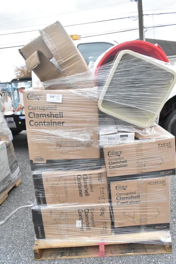 Stack of Choice corrugated clamshell containers, 8"x8"x3", 200/case, brand new scratch and dent condition, wrapped on pallet.