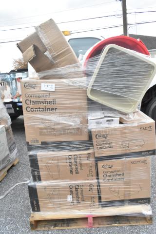 Stack of Choice corrugated clamshell containers, 8"x8"x3", 200/case, brand new scratch and dent condition, wrapped on pallet.