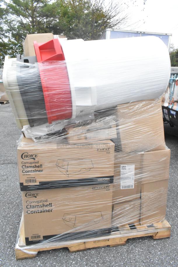 Shrink-wrapped pallet with Choice corrugated clamshell containers and poly trash cans, brand new, minor scratches.