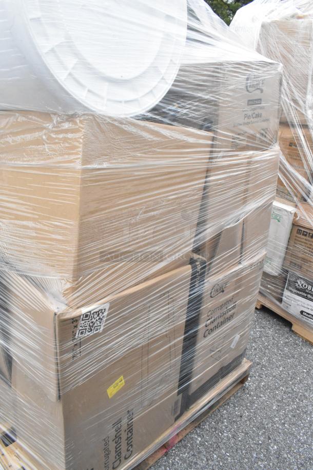 Shrink-wrapped pallets containing various packaged items including Choice corrugated clamshell containers and Poly trash cans, labeled for auction.