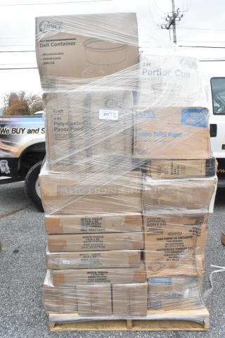 Pallet of 40 new scratch and dent items including gloves, cups, and containers, wrapped in plastic. Various box labels visible.