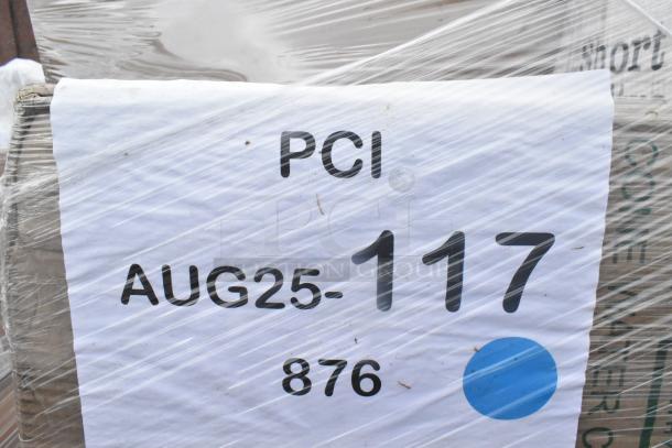 Box labeled "PCI AUG25-117, 876" wrapped in plastic, containing 40 new scratch and dent items, including gloves and cups.