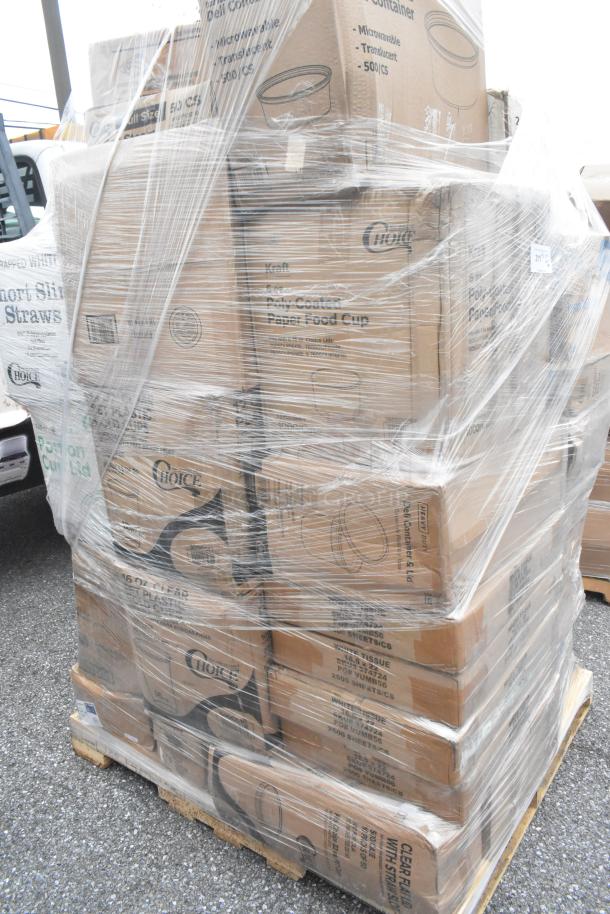 Pallet with new scratch and dent items, including gloves, plastic cups, cold cups, and portion cups. Plastic-wrapped boxes from Choice brand.