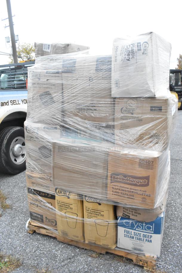 Plastic-wrapped pallet with new scratch and dent items including napkins, cold cups, and food trays. Various labeled boxes.