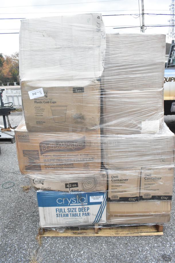 Plastic-wrapped pallet with boxes of scratch and dent items: plastic cold cups, deli containers, napkins, and steam table pans.