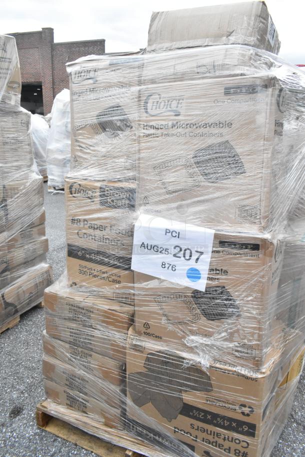 Pallet of brand new, scratch and dent food service items including napkins, cups, and trays, wrapped in plastic with visible labels.