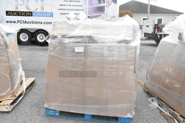 A pallet of 25 brand new scratch and dent items, including a stainless steel double Speedwell and wire shelf, wrapped in plastic.