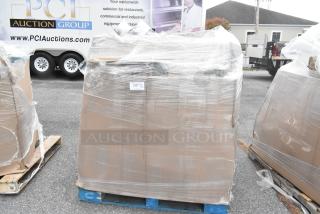 A pallet of 25 brand new scratch and dent items, including a stainless steel double Speedwell and wire shelf, wrapped in plastic.