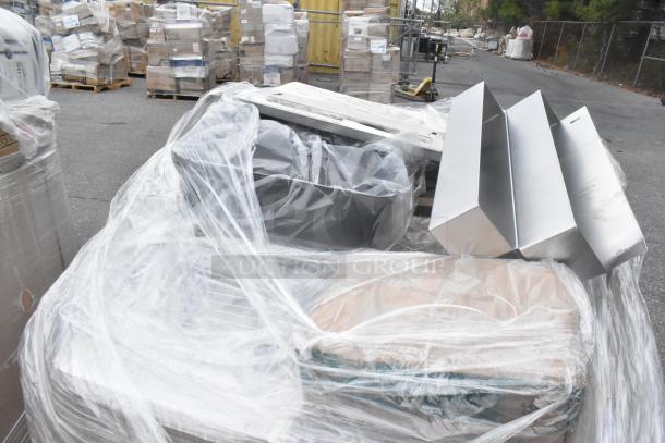 25 new scratch and dent items, including stainless steel double Speedwell and wire shelves, wrapped in plastic.