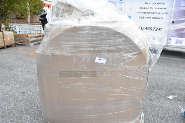 15 brand new scratch and dent items, including napkin dispenser, trash can, and towels, shrink-wrapped on pallet.