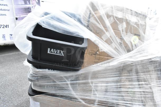 Plastic-wrapped pallet containing Lavex bins, cardboard boxes, and various scratch and dent items, brand new condition.