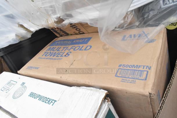 15 new scratch and dent items, including 966UPWIDEKFT OneUp dispenser napkin, Lavex towels, and Slim Jim trash can.