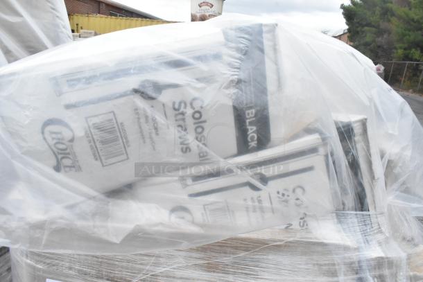 22 new scratch and dent boxes of Choice 8.5" black wrapped colossal straws, 1,600 per case, wrapped in plastic.