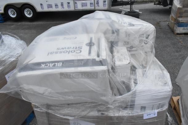 22 boxes of Choice 8 1/2" Colossal Black Wrapped Straws, 1,600 per case. Scratch and dent condition. Wrapped in plastic.