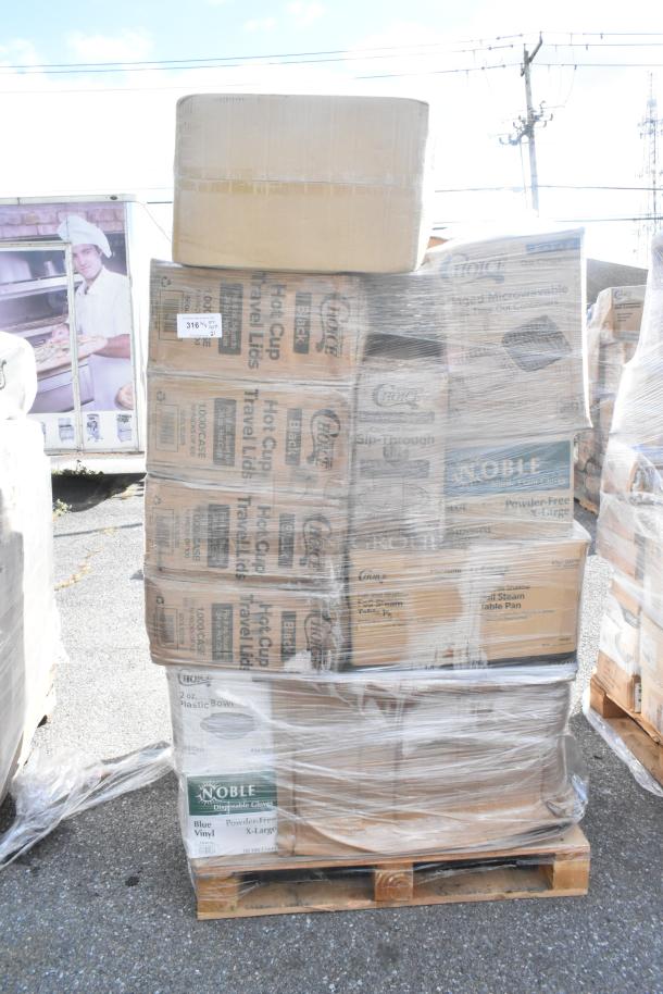 Pallet of 21 new scratch and dent items including gloves, baking mold, muffin container, cold cups, wrapped and labeled.