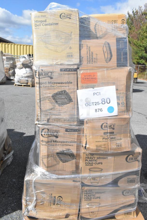 Stack of sealed boxes with "Choice" branded hinged containers and cold cups. Some boxes have labels indicating "Scratch and Dent."