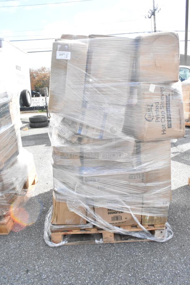 Pallet of 36 new scratch and dent items wrapped in plastic, including chafer totes, hand dryer, glasses. Boxes labeled.