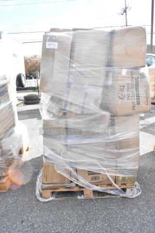 Pallet of 36 new scratch and dent items wrapped in plastic, including chafer totes, hand dryer, glasses. Boxes labeled.