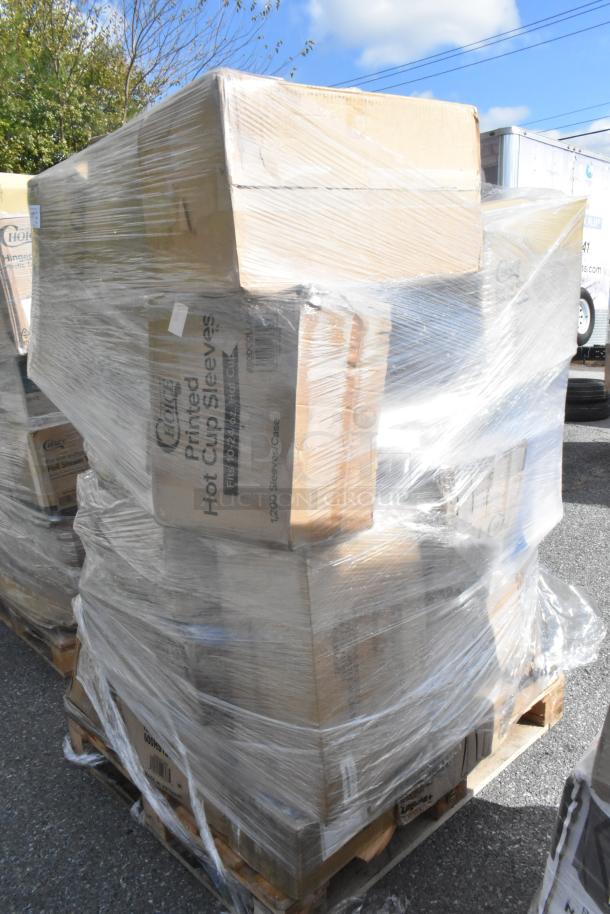 Wrapped pallet of 36 brand new scratch and dent items, including stackable chafer totes, basket hanger, hand dryer, glasses.