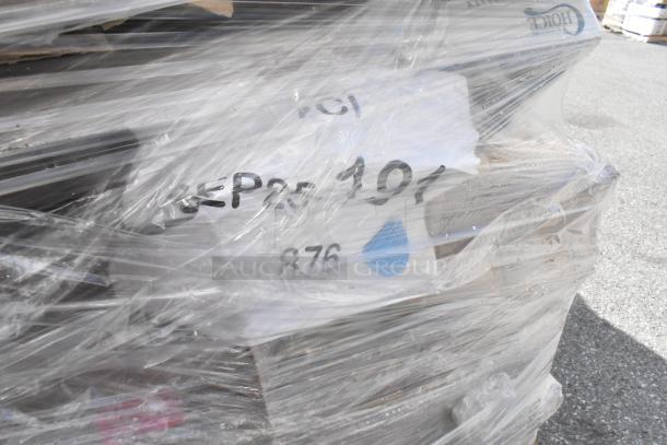 Plastic wrapped pallet of 36 new scratch and dent items including chafer totes, basket hanger, and hand dryer, labeled "Lot 101".
