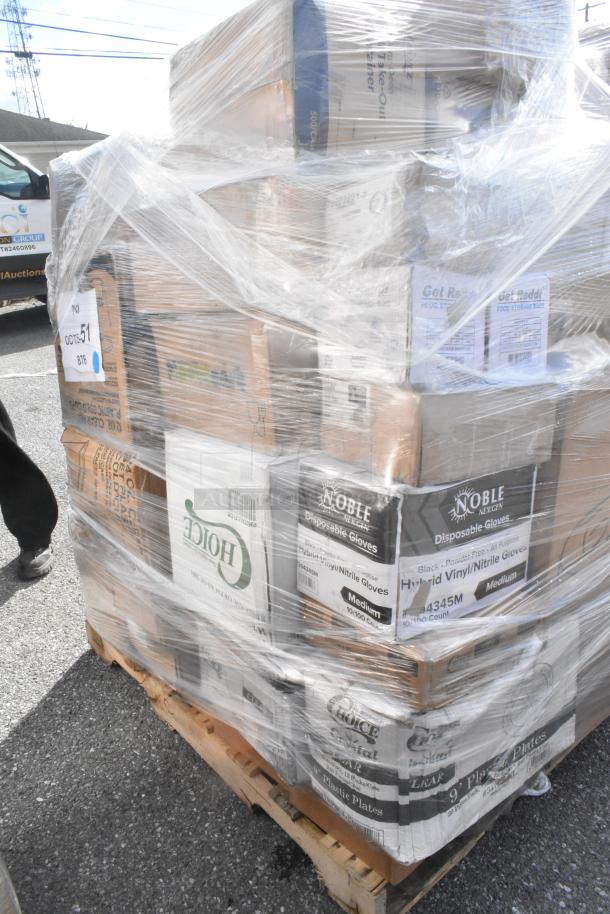 23 new scratch and dent items on pallet; includes napkins, can liners, cups, containers. Wrapped in clear plastic.