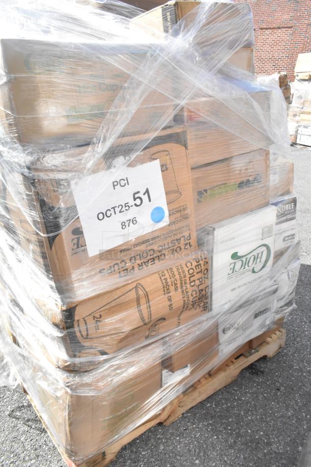 Pallet of 23 scratch and dent items including napkins, can liners, hot and cold cups, containers. Labeled "PCI OCT25-51 876."