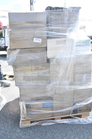 Pallet packed with wrapped cartons, containing scratch and dent items like wrap sheets, deli containers, lids. 23 item lot, labeled "319."