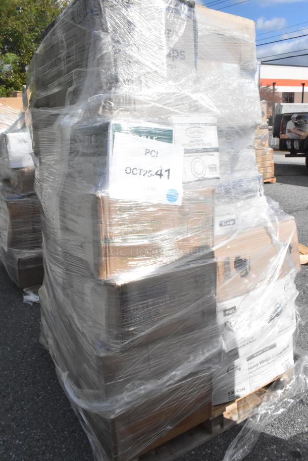 Pallet with shrink-wrapped boxes containing various new scratch and dent items, including wrap sheets, deli containers, and gloves.