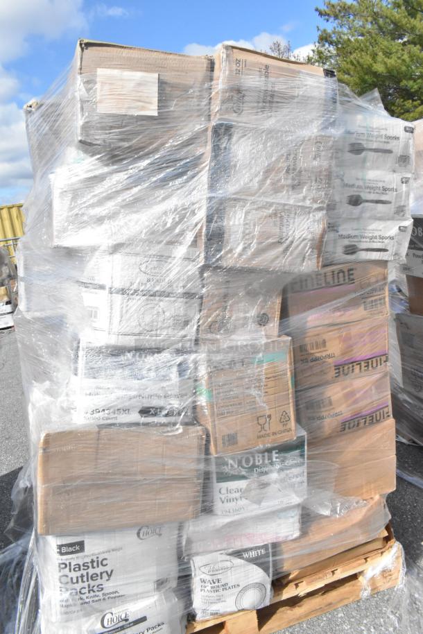 Pallet with 23 brand new scratch and dent items, includes wrap sheets, deli containers, lids, gloves, visibly wrapped in plastic.