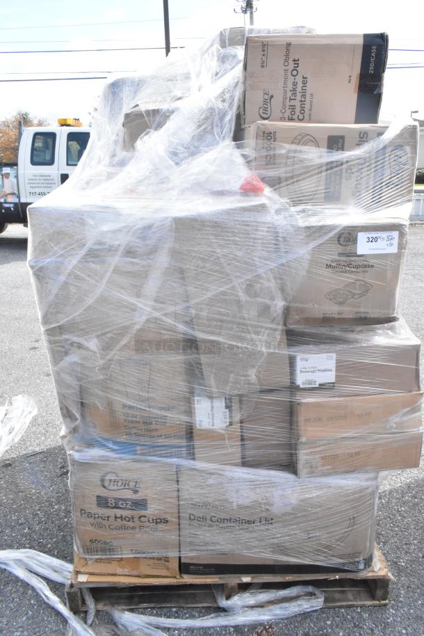 Pallet of assorted new scratch and dent items, including Choice 8 oz paper hot cups, foil containers, deli lids, and napkins.